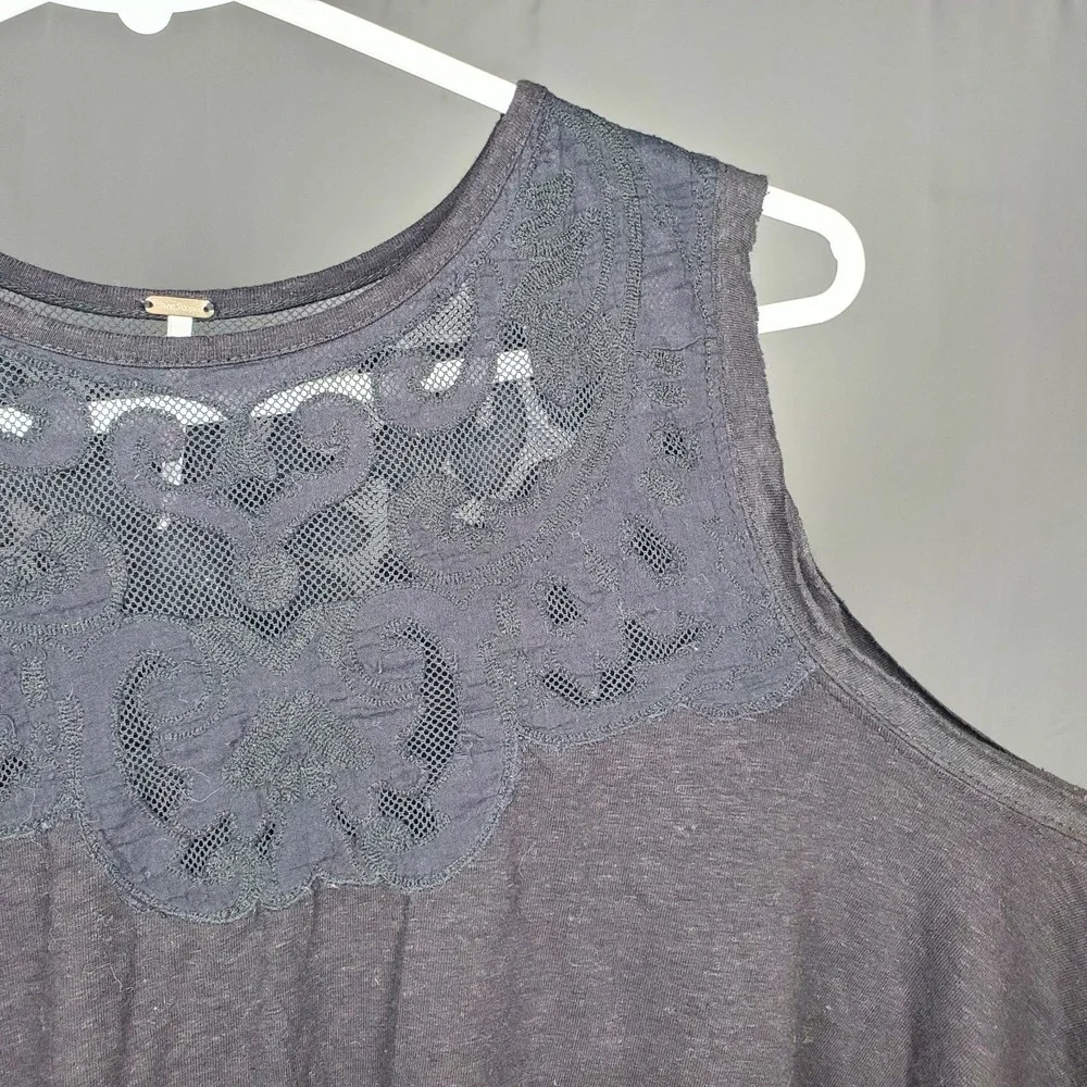 Free People Lace Yoke Swing Tank Top Women XS Black Oversized Boho Romantic 00s